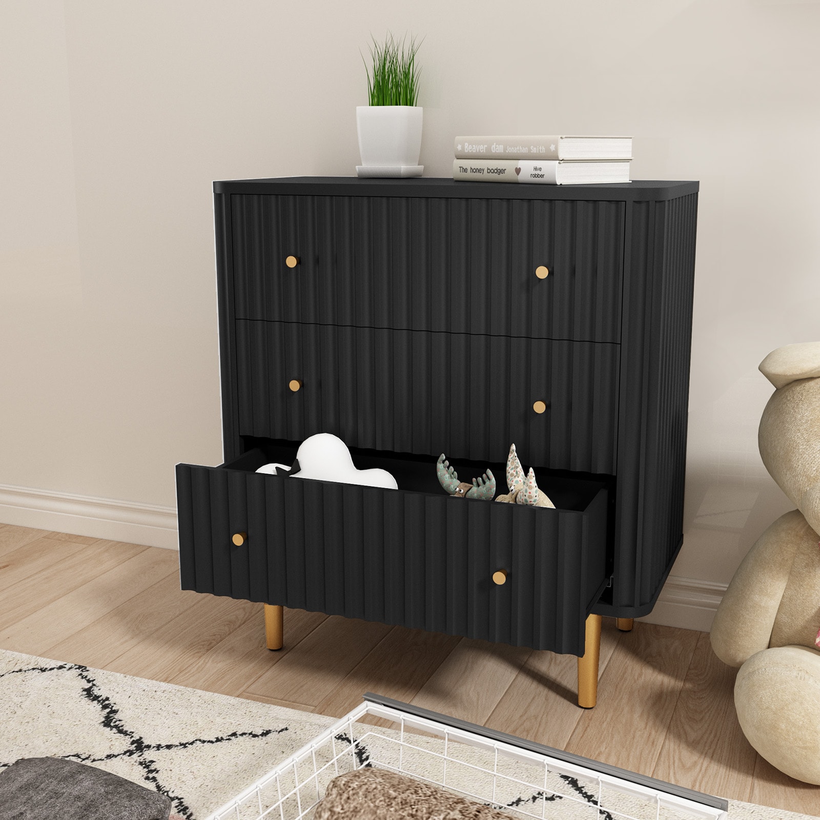 Black Modern 3 Drawer Dresser for Bedroom - Wood Storage Cabinet with Fluted Texture, Spacious Chest of Drawers Organizer for Living Room,Closet,Hallway